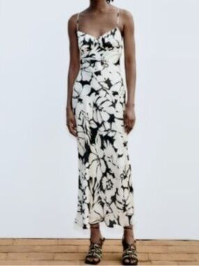 NWT Zara Black & White Floral Satin Slip Dress Open Back XS